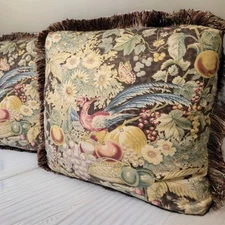 2 VTG Decorative Floral Bird  Toile Pattern Fringe French Country Sofa Pillows 