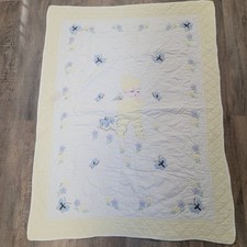 Vintage Handmade Hand Quilted Baby Quilt Blanket Embroidery Nursery 37  x49  