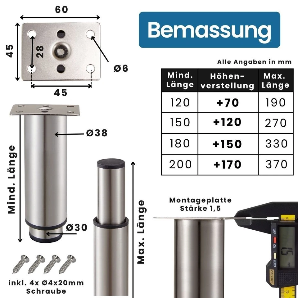 4x Möbelfüße verstellbar rund Ø38mm Metall Sockelfüße Sofafuß Bettfüße Küchenfuß - Bild 4 von 4
