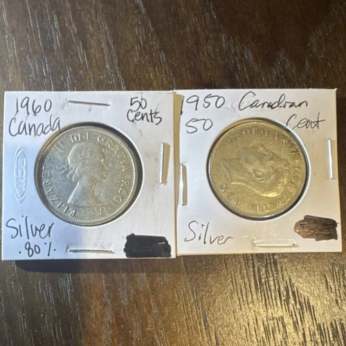 Canada 50 Cents Silver Coins 1950 & 1960 Uncertified 80% Silver Fineness 0.8