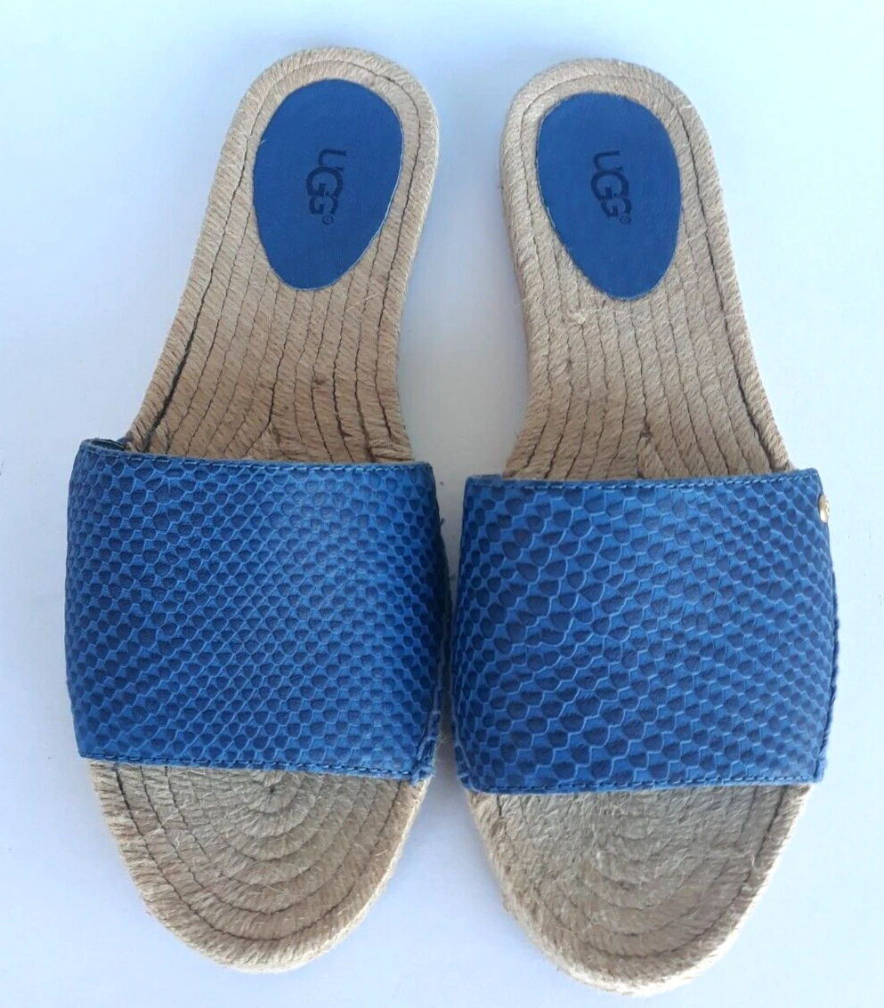 Sandali UGG Wo's Cherry esotici in pelle blu espadrillas slide slip on piatti ~ taglia 8