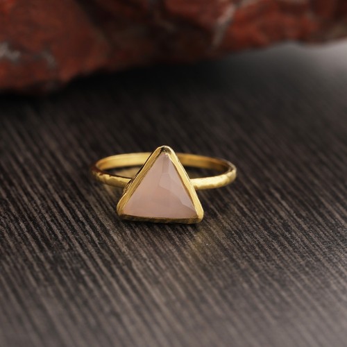Pink Chalcedony Triangle Ring, Gold Plated Ring, Gift For Her, Valentine's Day