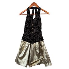 Vtg Roberta Black Velvet Gold Detail Lam  Cocktail Prom Dress Buttons Halter 0