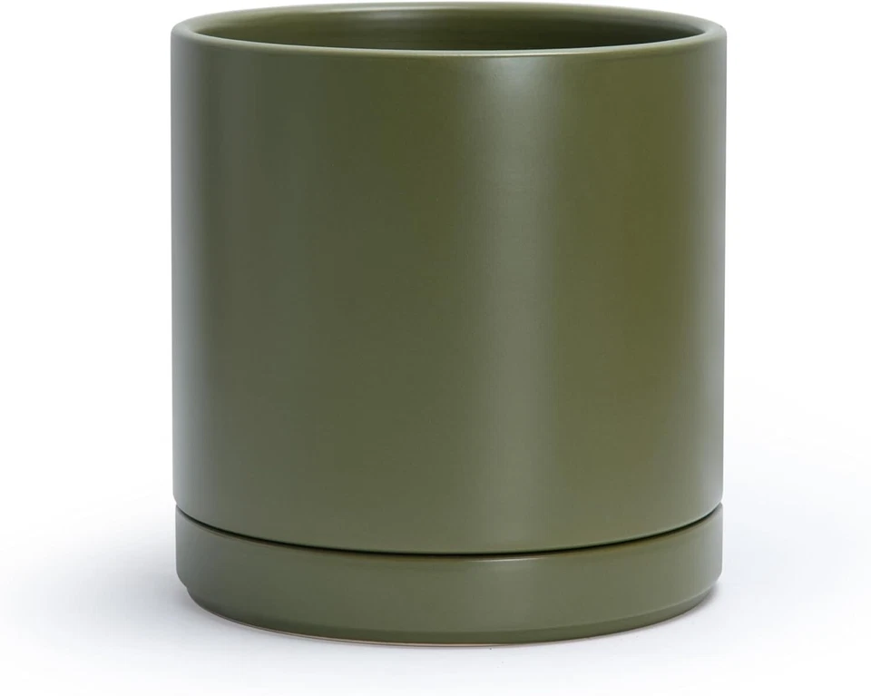 Maceta grande de cerámica con cilindro de oliva con platillo - Decoración interior moderna Foto 3 de 4