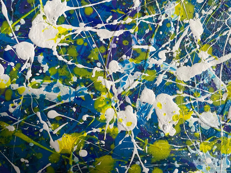 Jackson Pollock Original Pintado a Mano Abstracto Expresionista Azul Amarillo A78 Foto 2 de 4