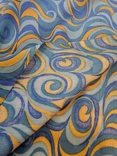 Vintage Flower Power Groovy PSYCHEDLIC Fabric Blue Turquoise Yellow Swirl Print