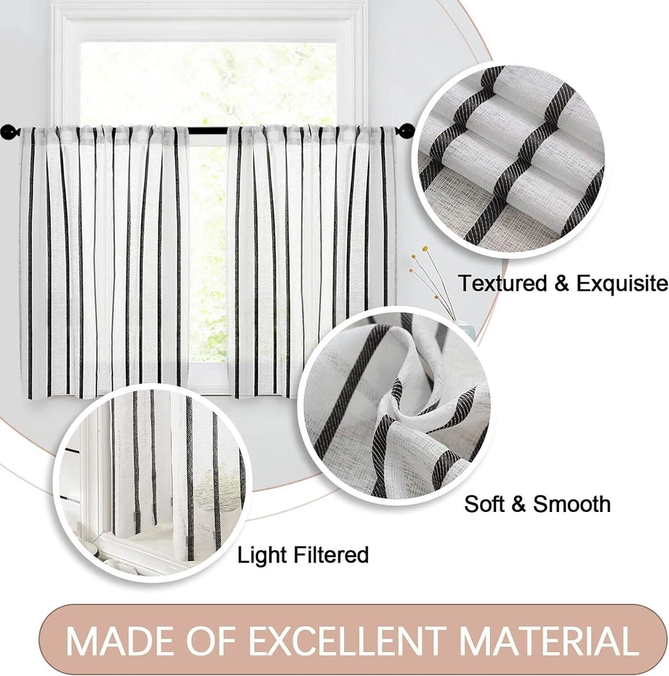 2 Panel Sheer Farmhouse Striped Short Small Cafe Curtains Tiers Kitchen Bathroom - Image 2 of 4