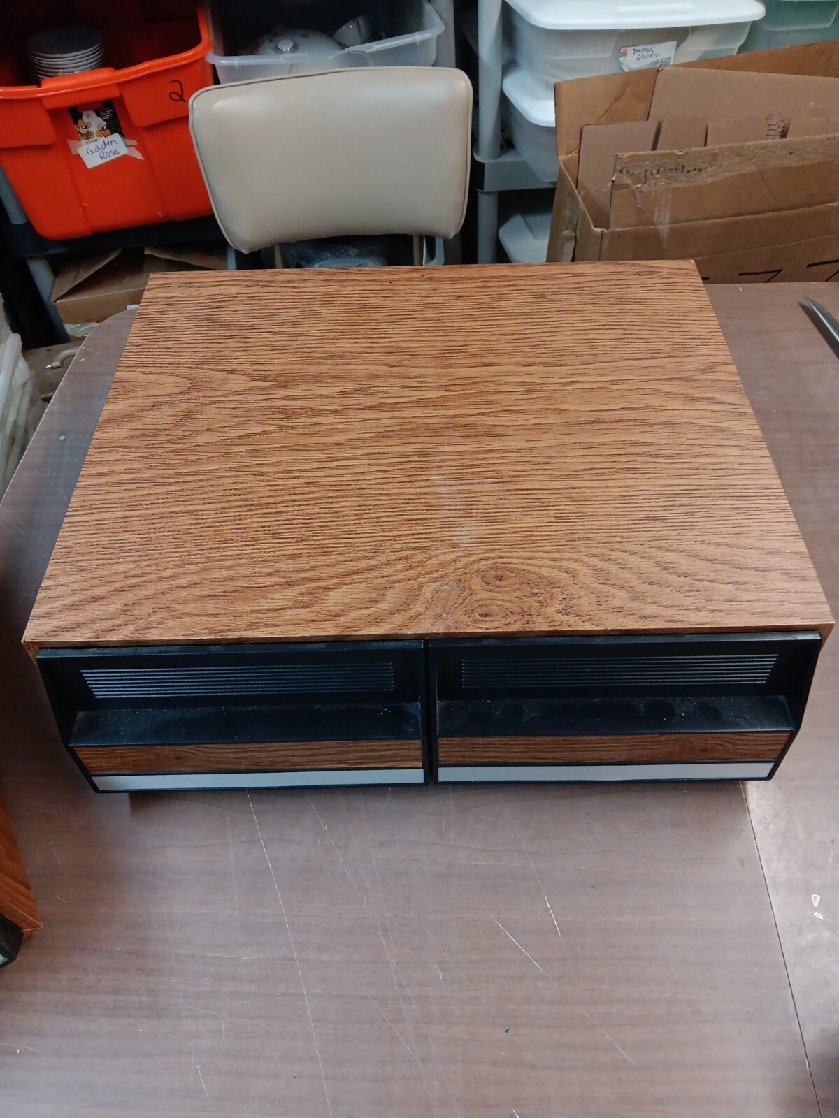 Vintage VHS Tape Holder Wood Grain 2 Drawer Storage Case Holds