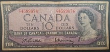 1954 Canada 10 Dollars P79b FT4589674, sigs Beatty-Rasminsky.