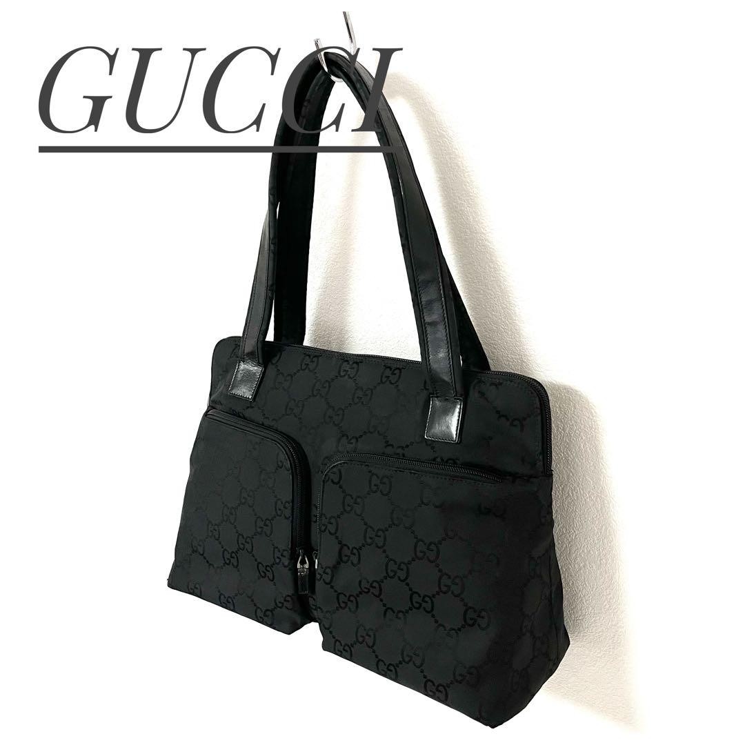 GUCCI GG Canvas Tote Bag Black with W Pocket Excellent Condition Japan