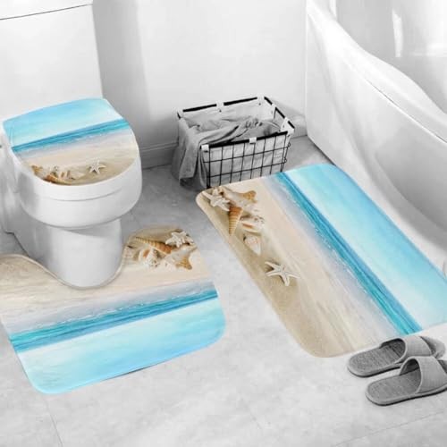 4Pcs Summer Beach Shower Curtain Sets Sea Ocean Bathroom Set Decor with Non - Picture 5 of 8