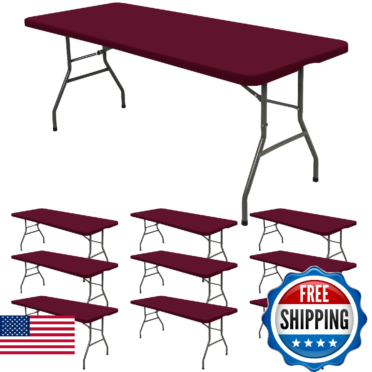 10 Pack Fitted Tablecloth for 6 Foot Rectangle Tables, Wine Red Elastic Outdoor