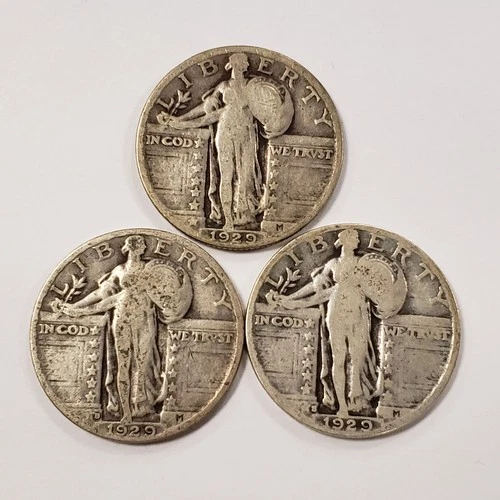 3-Coin 1929 P D S 25c Standing Liberty Quarter - Mint Mark Set - .54 ASW - U1039
