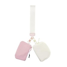 Wristlet Keychain Wallet for Women Mini Zip Dual Pouch Wristlet Pink White