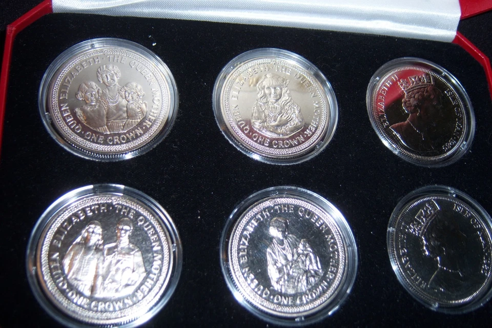 1985 ISLE OF MANN Queen Elizabeth the Queen Mother 1 crown 6 coin set PobjoyMint - Image 2 of 4