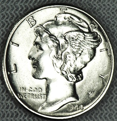 1944-p Mercury Dime.  50% full horizontal band separation.    BU  (Inventory A)