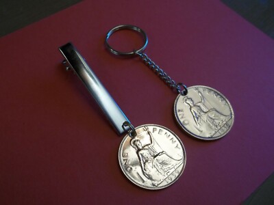 PENNY COIN - BRONZE BRITANNIA SCHLÜSSELRING / KETTE & SERVIETTENCLIP SET - 1896 bis 1967