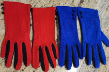 2 Pair Vintage One Size Angora Wool Stretch Gloves Blue Red Black Button Accent