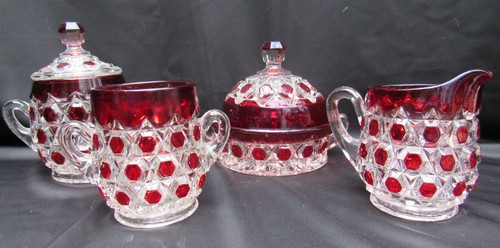 Pattern Glass Ruby Stained Red Block Sugar, Creamer, Butter, Spooner Table Set - 第 1/1 張圖片