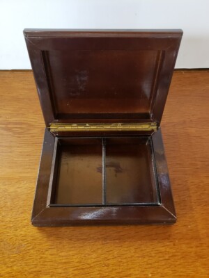 Vintage Wooden Lacquered Two Deck Hinged Playing Card Box with Green Felt Bottom