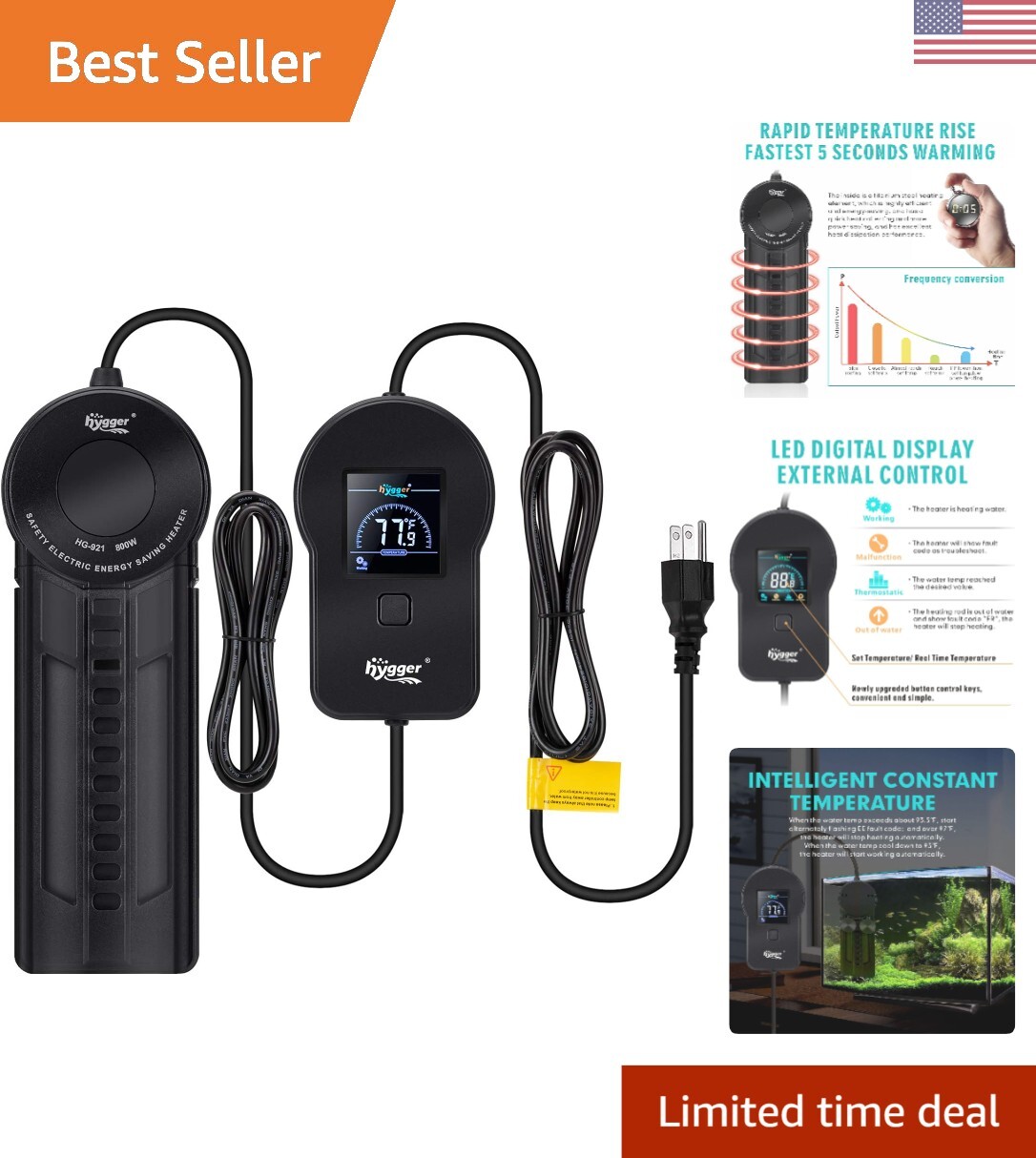 800W Aquarium Heater, Submersible Fish Tank Water Heater with External Color ...