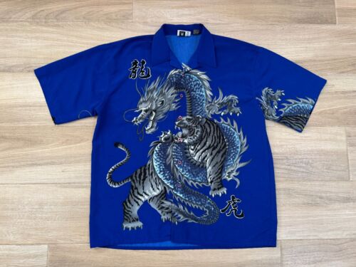 Vintage Moon Men's Button Shirt FITS XL Blue Tiger Dragon East Asian Art 90s Y2K