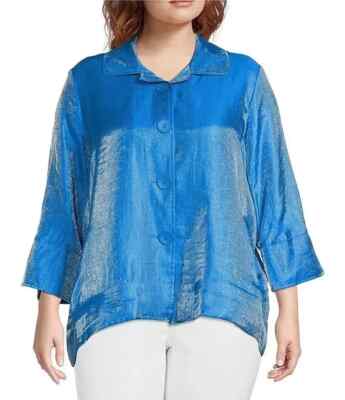 Ali Miles Button Front Jacket Tunic Plus Size 2X Blue Taffeta Shimmer $84 NWT