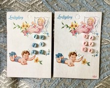 Lot of 2 VTG 1930s Luckyday Baby Buttons on Original Cards - Pink/Blue  1/4"