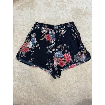 Mahina Hawaii Black Floral Rayon Shorts Sz S Boho Cottagecore Whimsygoth Resort