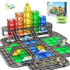 104 PCS Magnetic Tiles Road Set, STEM Construction Toys for Kids Ages 3-5 5-7...