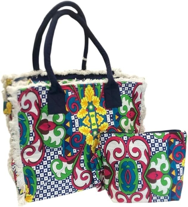 KARAMELL set Pochette e Borsa Mare in Canvas, Fantasia Multicolore, con Frange