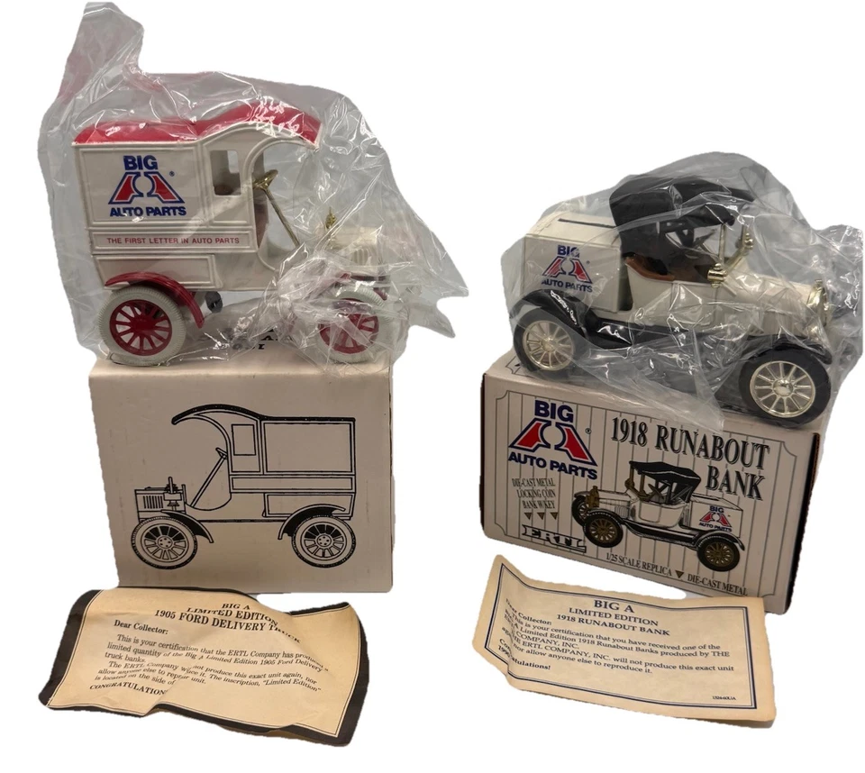 2-НОВЫЕ ЛИТЫЕ АВТОМОБИЛЬНЫЕ БАНКИ ERTL 1918 Runabout Bank 1905 Delivery Car Bank новые из старых запасов - Изображение 2 из 4