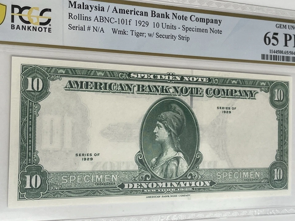 MALASIA/EMPRESA AMERICANA DE BILLETES 1929 10 UNIDADES BILLETE EJEMPLAR PCGS MS-65 PPQ Foto 2 de 4