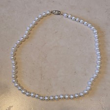 Vintage Hand Knotted White Cultured Pearl Necklace 16 In Filigree Fishhook Clasp