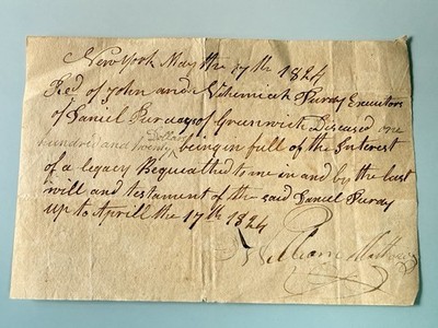 1824 New York Probate Receipt Daniel Purdy Estate Signed William Mallory