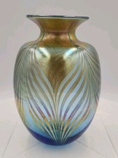 Iridescent Art Glass Pulled Feather Vase  Signed 7" T