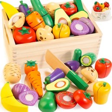Wooden Play Food Set for Kids Kitchen  Cutting Veggies  Fruits Toy