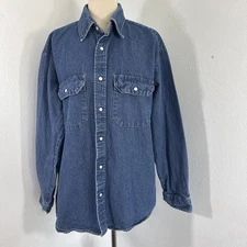Red Kap Jeans Shirt Mens L Pearl Snap Blue Denim Western Workwear Utility