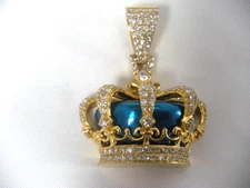 10K yellow gold DIAMOND CROWN PENDANT -BLUE ENAMEL 18.7 grams