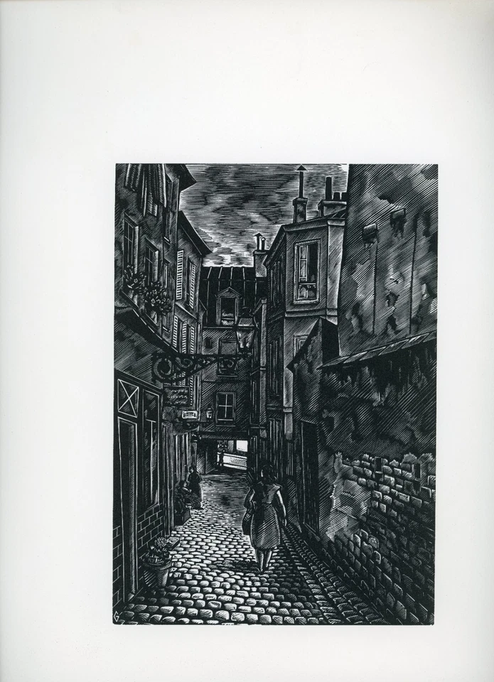 Gravure sur bois : "Ruelle de village", XXème. Monogrammée G en bas à gauche - Photo 1/1