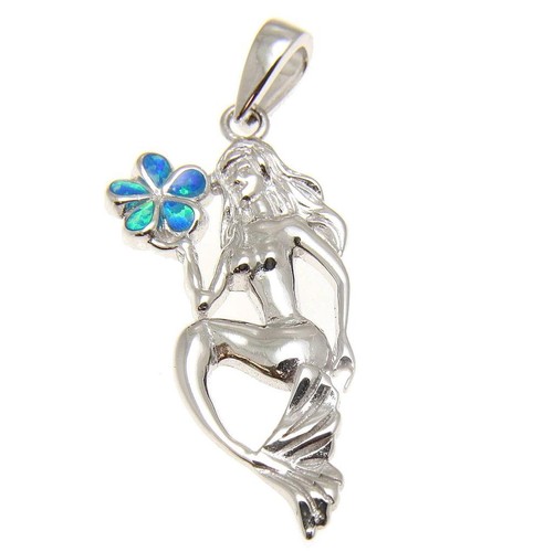 INLAY OPAL 24MM HAWAIIAN PLUMERIA FLOWER PENDANT SILVER