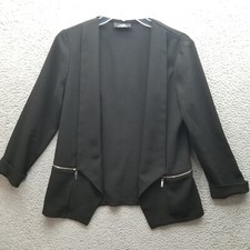 Wallis Jacket Womens 6 Black Open Front Stretch Zip Pockets Lapel Long Sleeve