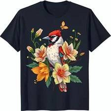 Vibrant Bird Illustration T-Shirt Colorful Floral Design on Dark Blue Background