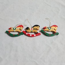 Vintage Wooden Rocking Horse Christmas Tree Ornaments Folk Art Hearts Country
