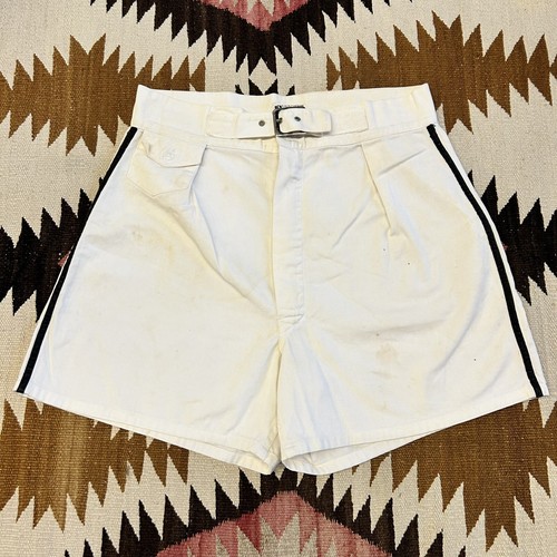 Vintage 1940s Champion Knitwear Navy Style White Cotton Belted Shorts - Sz 32