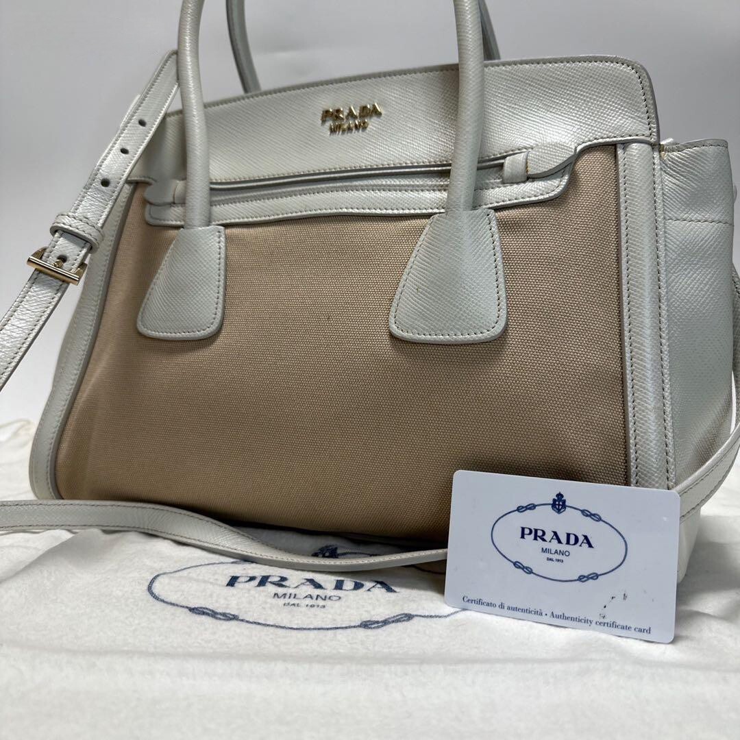 Prada 2way Handbag Shoulder Bag Logo Canvas Leather Beige Used 