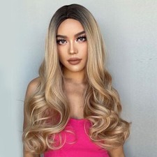 Long Body Wave Lace Front Wigs Ombre Brown Synthetic Heat Safe Glueless Soft Wig