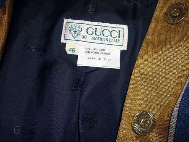 GUCCI tuta blu a righe oro blu giacca blazer 46 m 10 bottoni LINO cappotto vintage SOLE