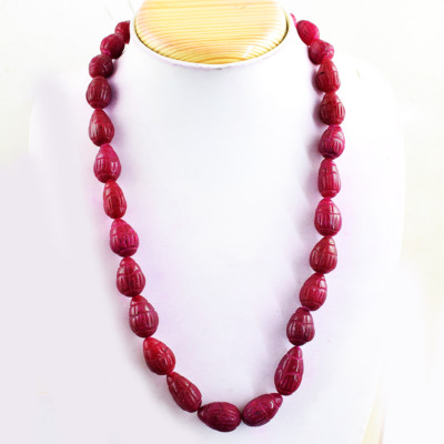 495.00 Cts Earth Mined Pear Shape Red Ruby Carved Beads Necklace - NK18 MJ6