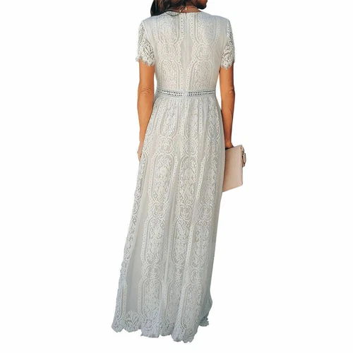 Langes Maxikleid Damen V-Ausschnitt Kurzarm Spitze Party Abend Formell Cocktail - Bild 4 von 9